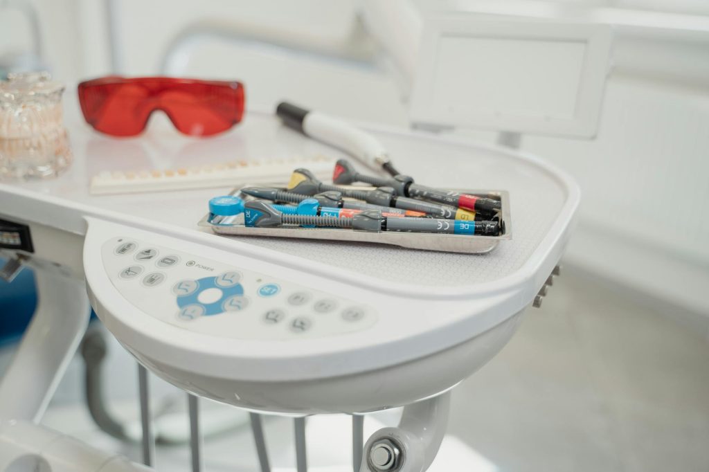 various dental tools on a dental table